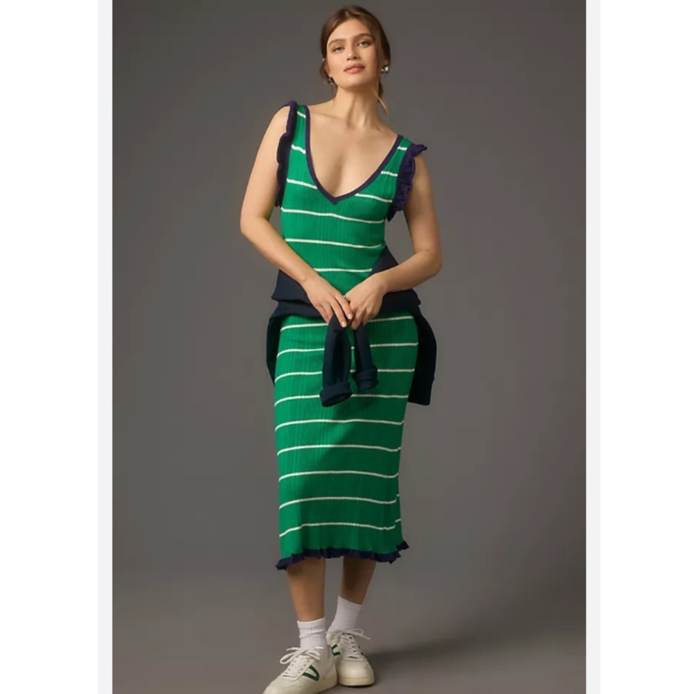 Anthropologie Green and Navy Striped Sleeveless Midi Dress
